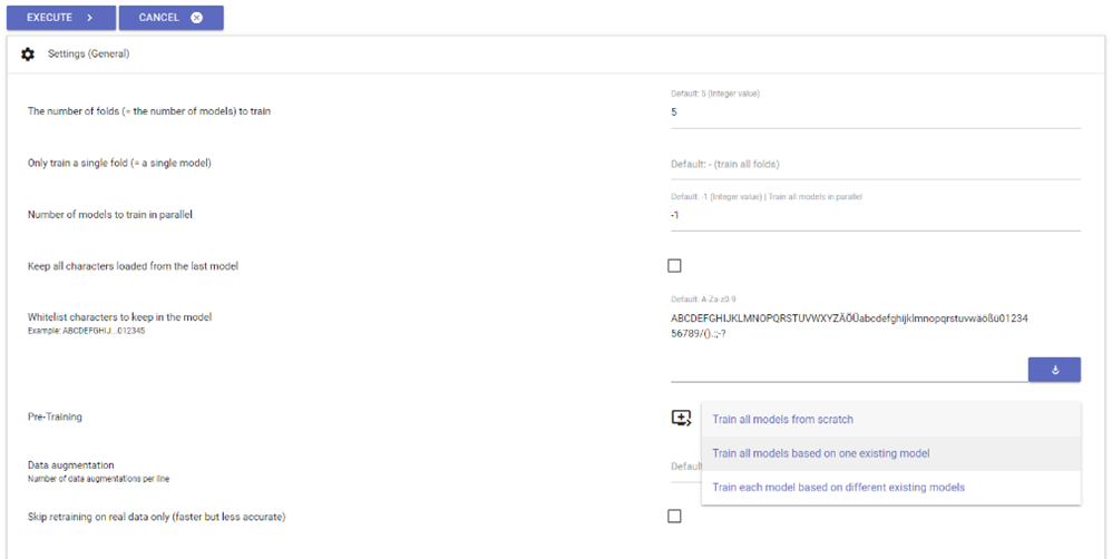 Settings for the training of document-specific models.